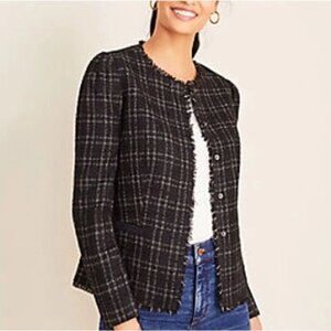 Ann Taylor NWT black shimmer plaid fringe tweed snap button blazer jacket sz 10